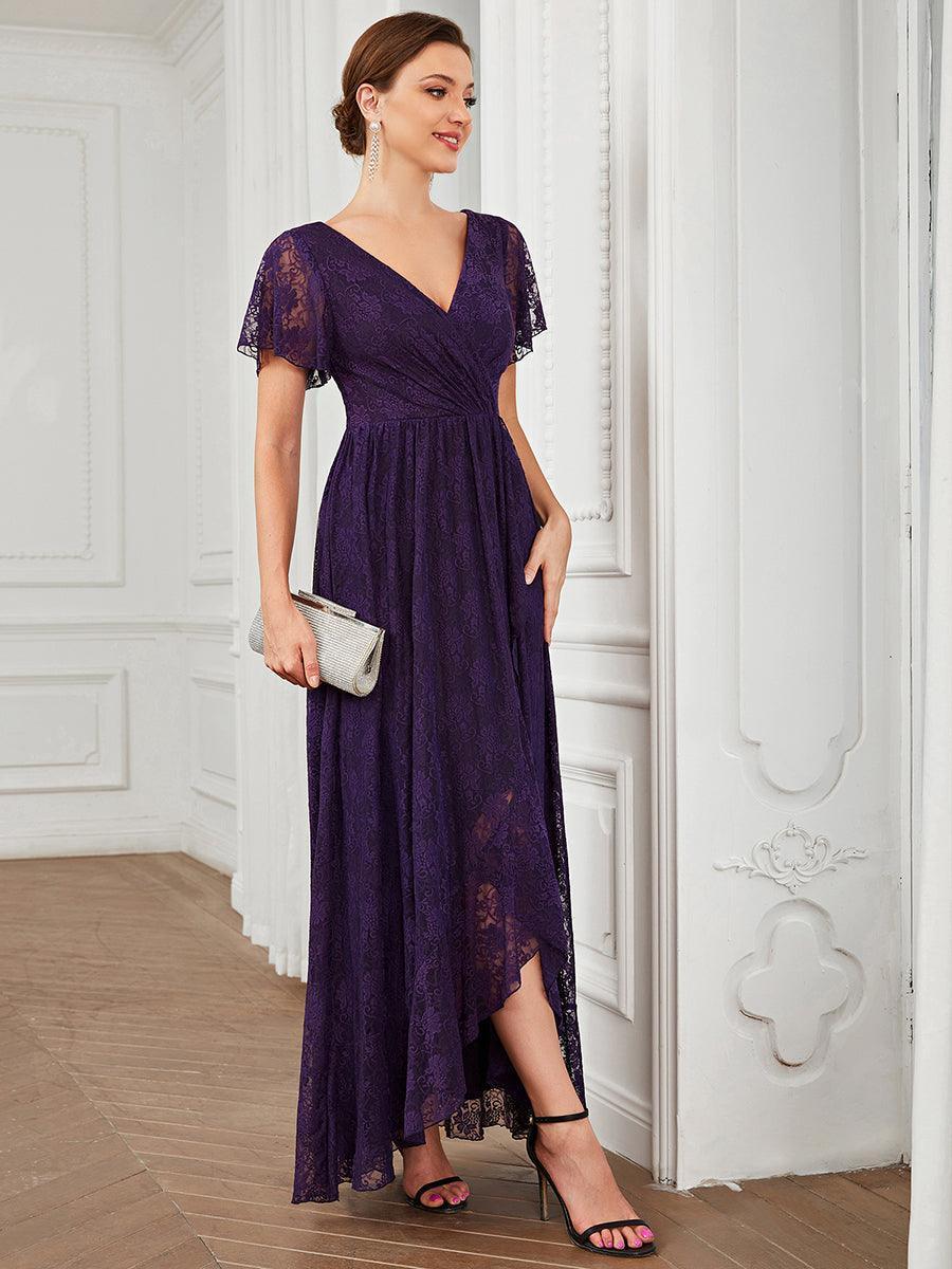 Robe de soirée en dentelle plissée à manches courtes et col en V #Couleur_Violet Fonce