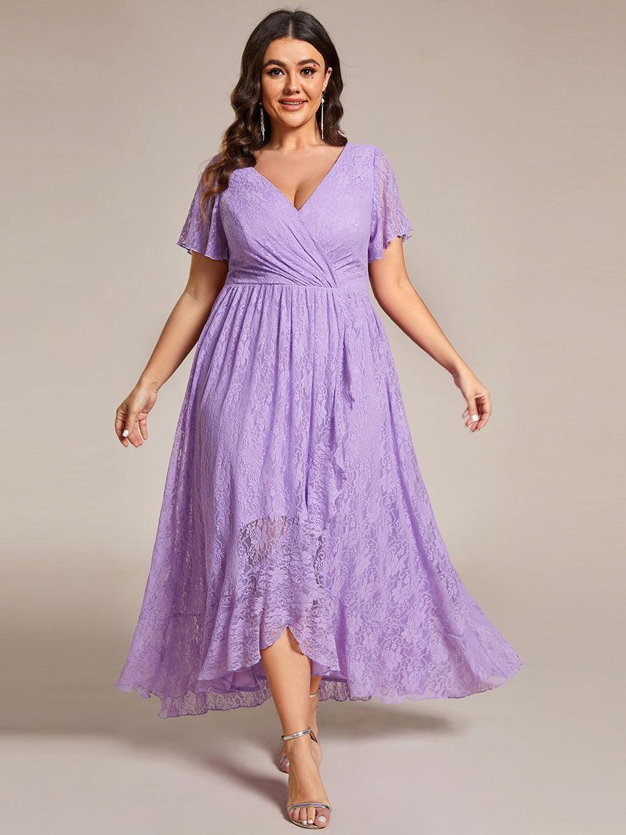 Robe de soirée en dentelle plissée à manches courtes et col en V #Couleur_Lavande