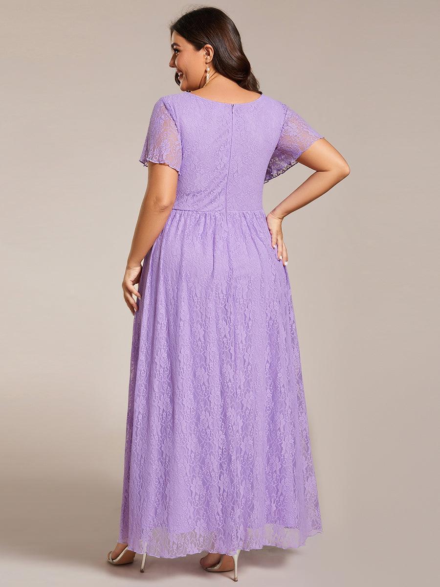 Robe de soirée en dentelle plissée à manches courtes et col en V #Couleur_Lavande