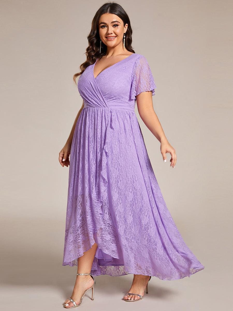Robe de soirée en dentelle plissée à manches courtes et col en V #Couleur_Lavande