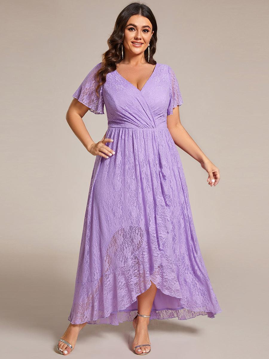 Robe de soirée en dentelle plissée à manches courtes et col en V #Couleur_Lavande