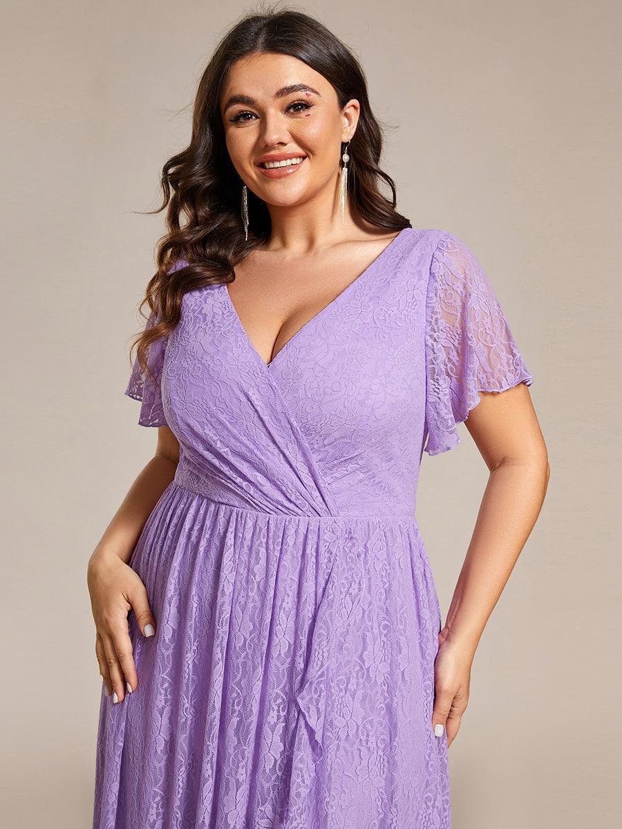 Robe de soirée en dentelle plissée à manches courtes et col en V #Couleur_Lavande