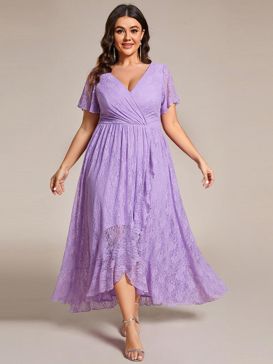 Robe de soirée en dentelle plissée à manches courtes et col en V Grande taille #Couleur_Lavande