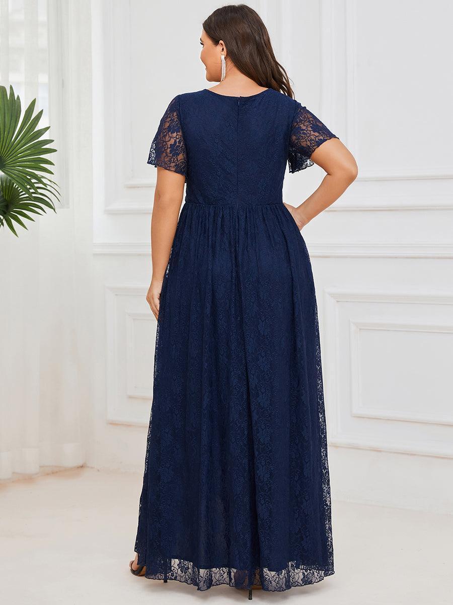 Robe de soirée en dentelle plissée à manches courtes et col en V #Couleur_Bleu Marine