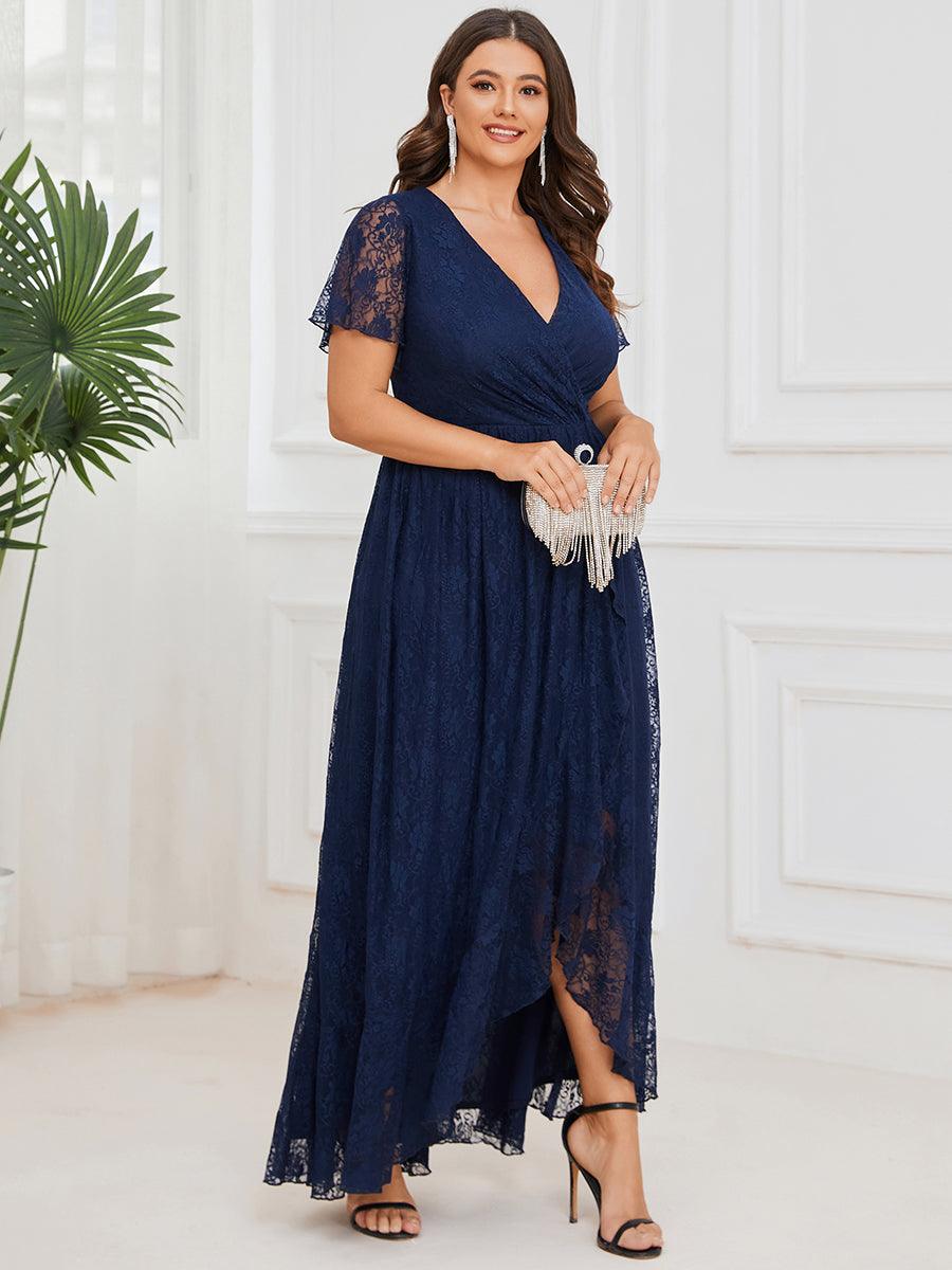 Robe de soirée en dentelle plissée à manches courtes et col en V Grande taille #Couleur_Bleu Marine