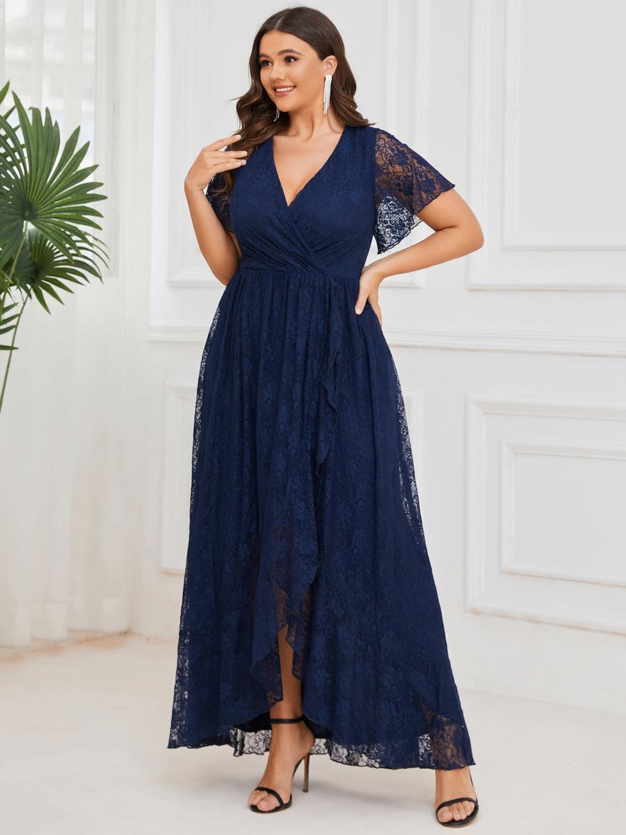 Robe de soirée en dentelle plissée à manches courtes et col en V Grande taille #Couleur_Bleu Marine