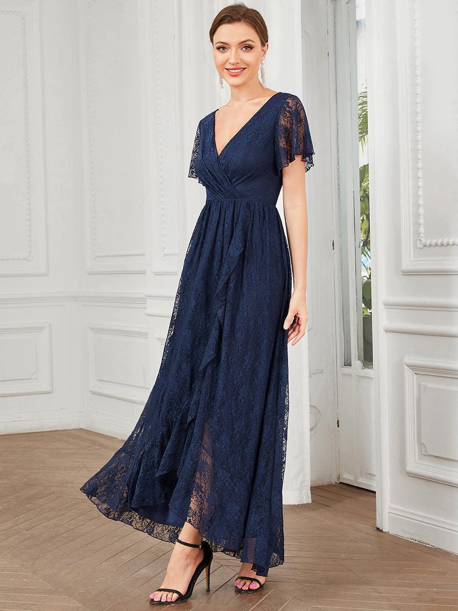Robe de soirée en dentelle plissée à manches courtes et col en V #Couleur_Bleu Marine