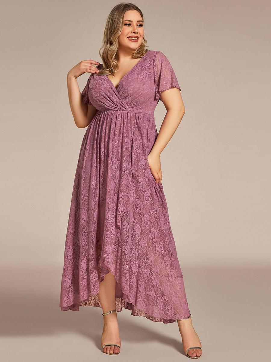 Robe de soirée en dentelle plissée à manches courtes et col en V #Couleur_Orchidee