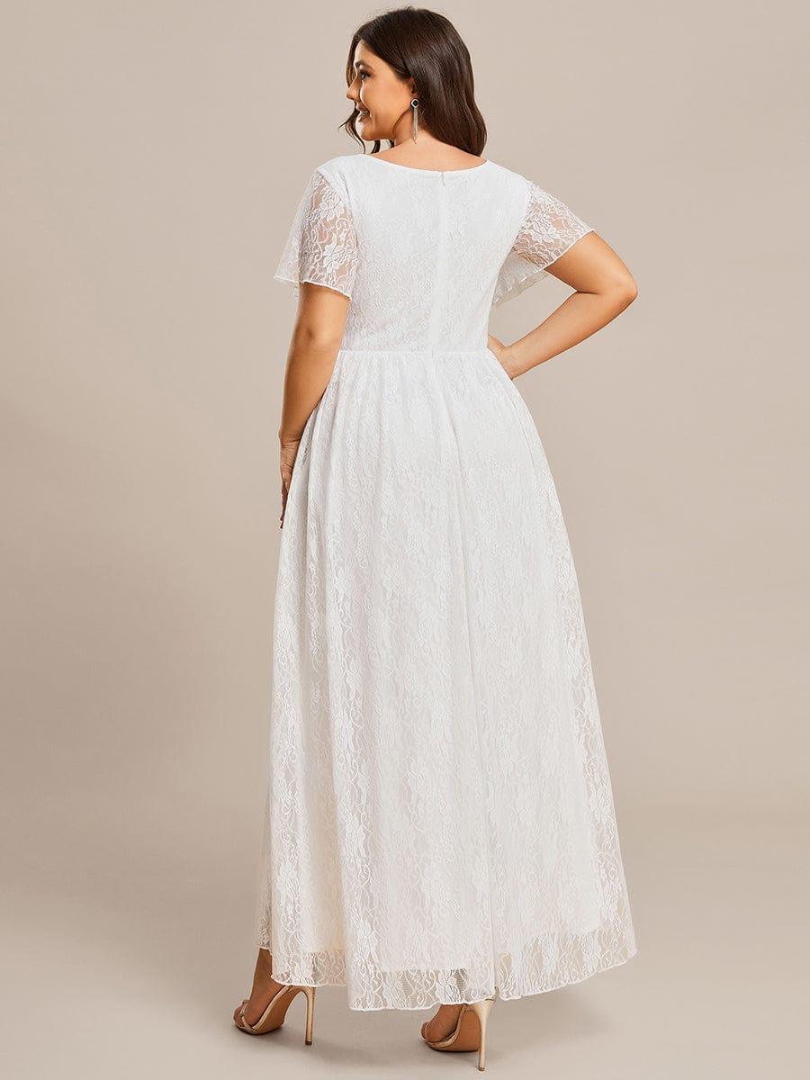 Robe de soirée en dentelle plissée à manches courtes et col en V Grande taille #Couleur_Blanc