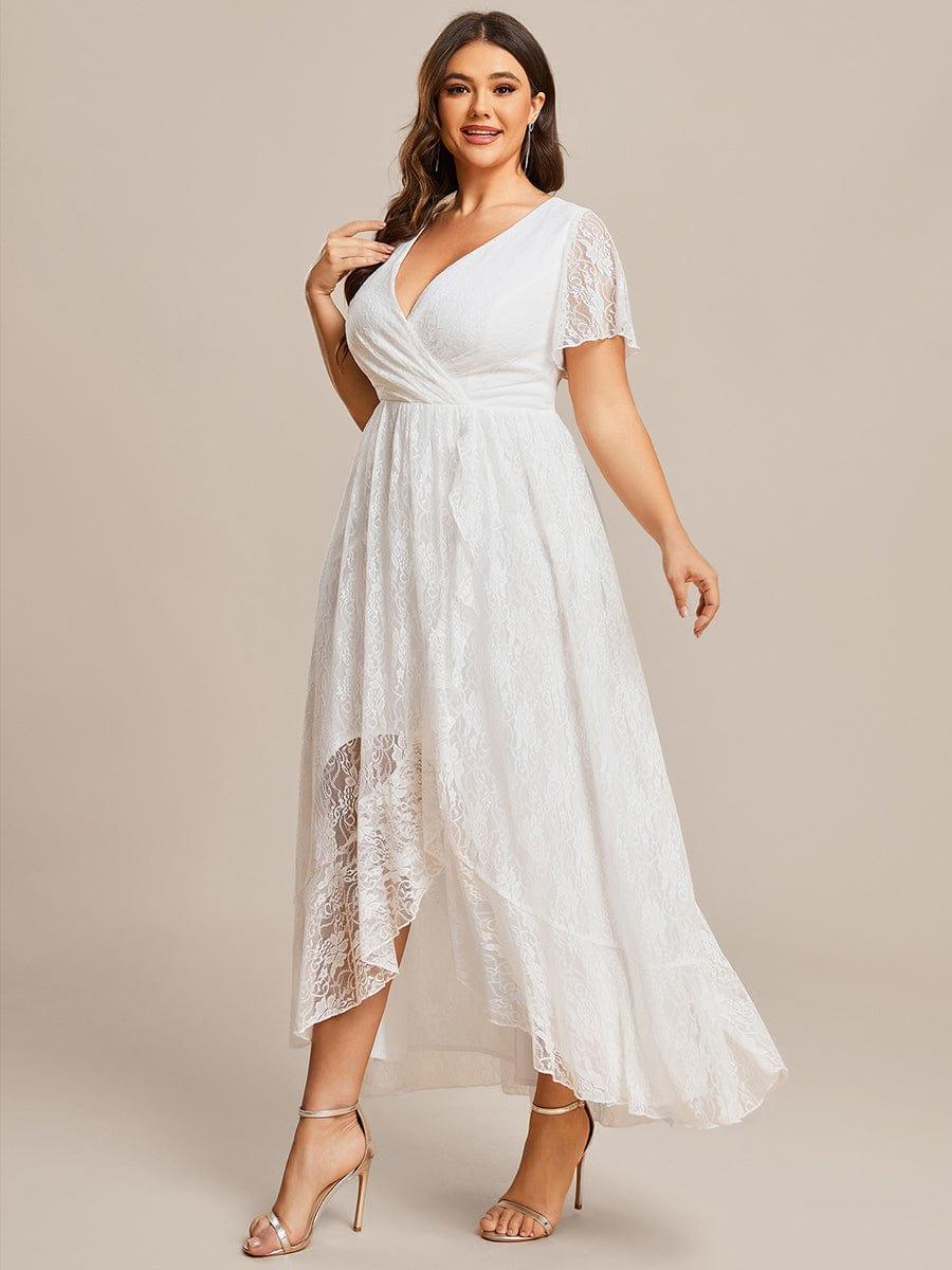 Robe de soirée en dentelle plissée à manches courtes et col en V Grande taille #Couleur_Blanc