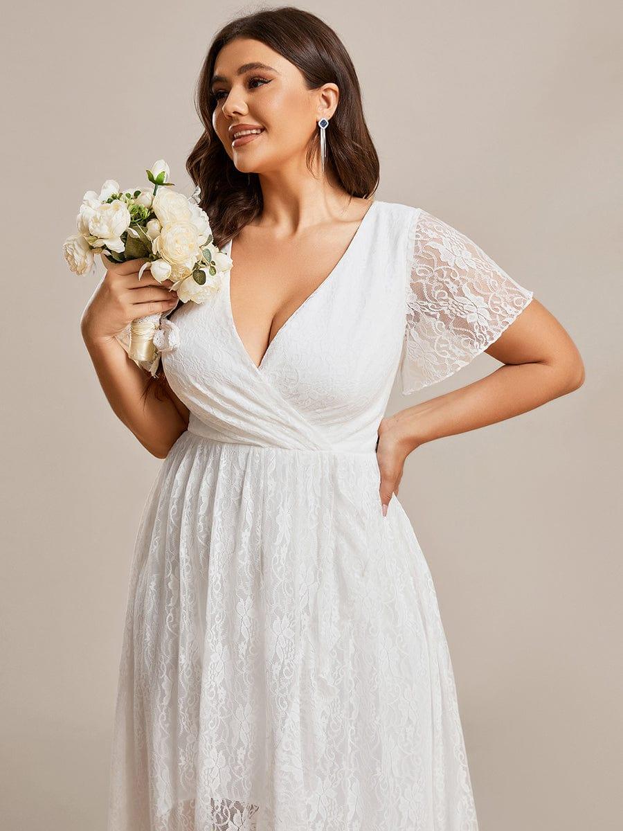 Robe de soirée en dentelle plissée à manches courtes et col en V Grande taille #Couleur_Blanc