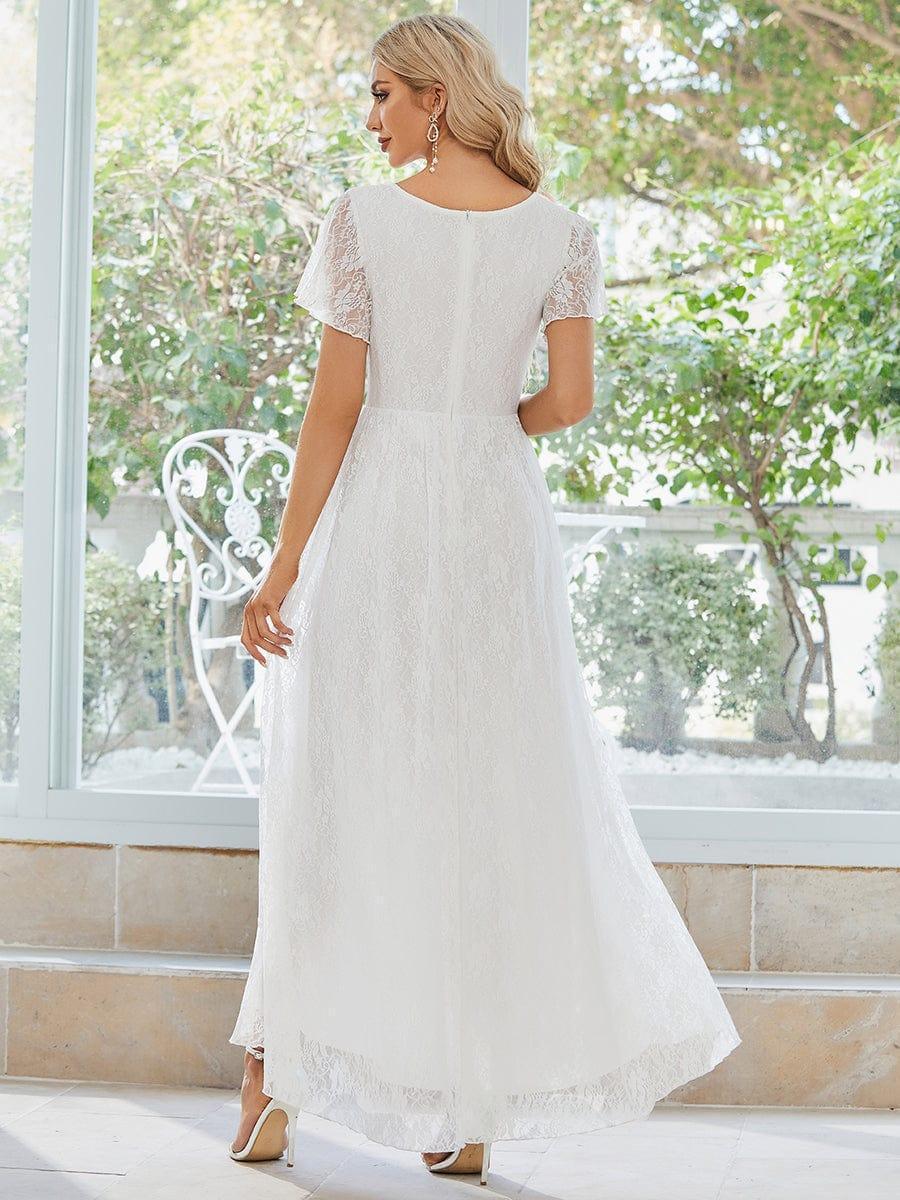 Robe de soirée en dentelle plissée à manches courtes et col en V #Couleur_Blanc
