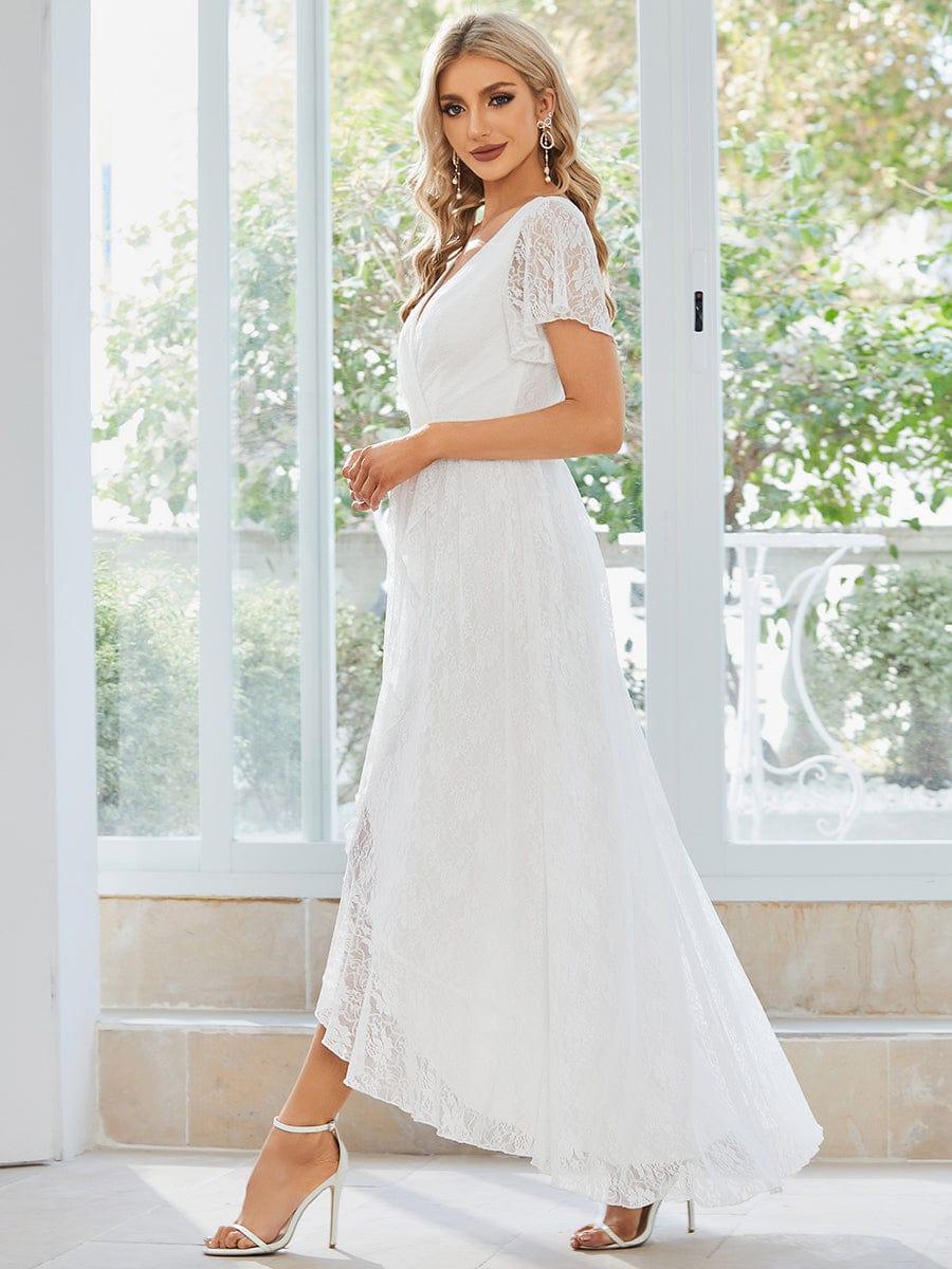 Robe de soirée en dentelle plissée à manches courtes et col en V #Couleur_Blanc