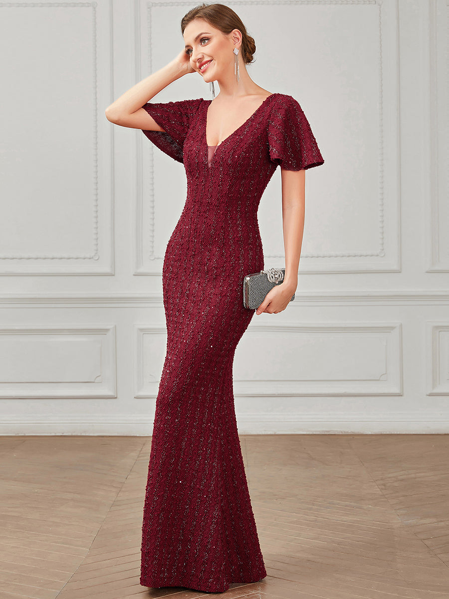 Robe de soirée Sequins moulante Manches courtes Encolure en V #Couleur_Bordeaux Robe de soirée Sequins moulante Manches courtes Encolure en V