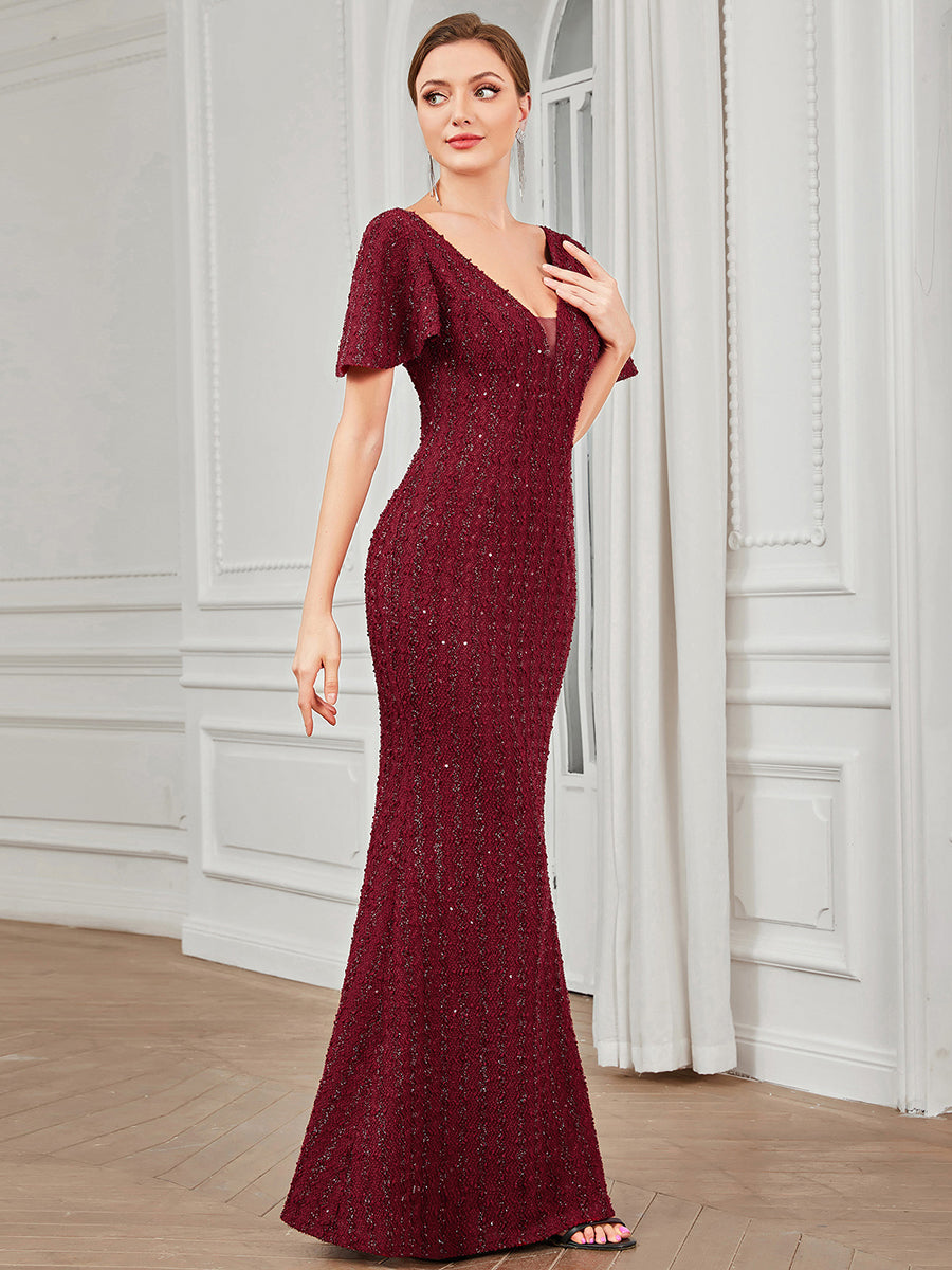 Robe de soirée Sequins moulante Manches courtes Encolure en V #Couleur_Bordeaux Robe de soirée Sequins moulante Manches courtes Encolure en V