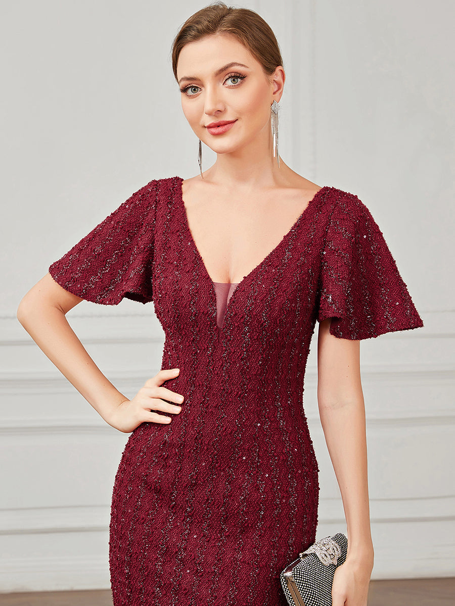 Robe de soirée Sequins moulante Manches courtes Encolure en V #Couleur_Bordeaux Robe de soirée Sequins moulante Manches courtes Encolure en V