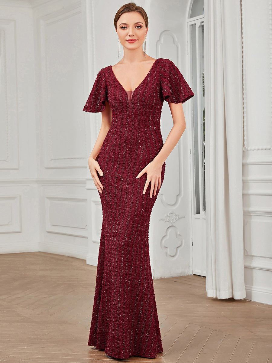 Robe de soirée Sequins moulante Manches courtes Encolure en V #Couleur_Bordeaux Robe de soirée Sequins moulante Manches courtes Encolure en V