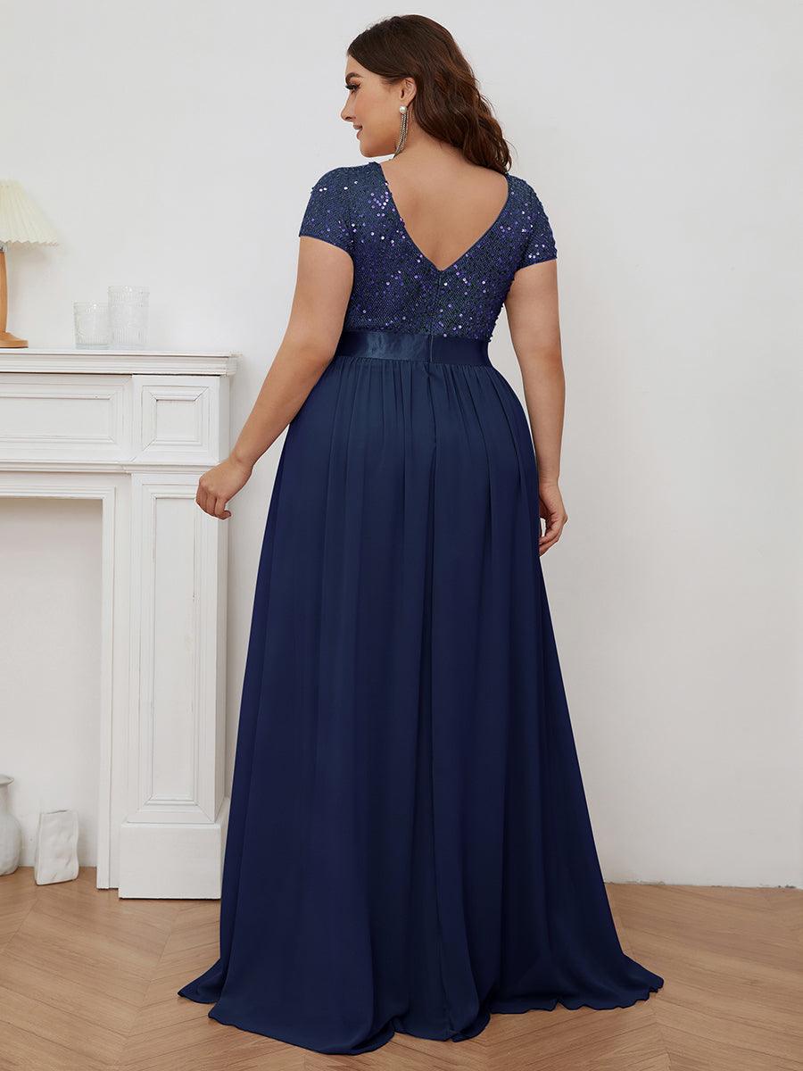 Robe de soirée taille empire à sequins et mousseline à encolure en V #Couleur_Bleu Marine