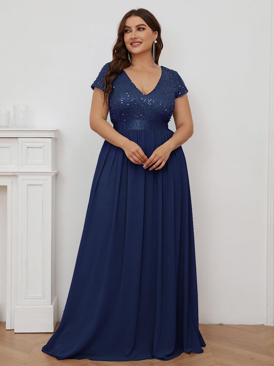 Robe de soirée taille empire à sequins et mousseline à encolure en V #Couleur_Bleu Marine
