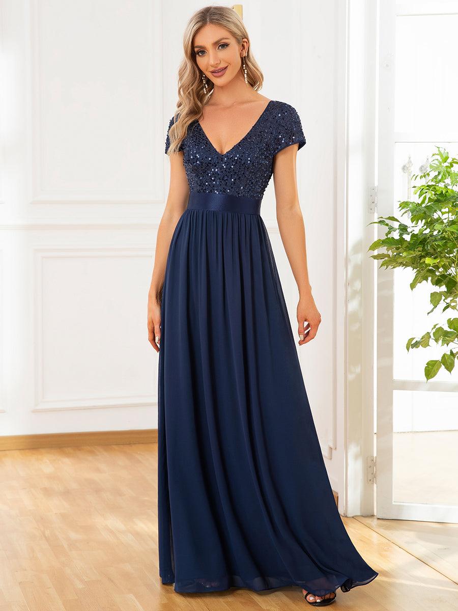 Robe de soirée taille empire à sequins et mousseline à encolure en V #Couleur_Bleu Marine