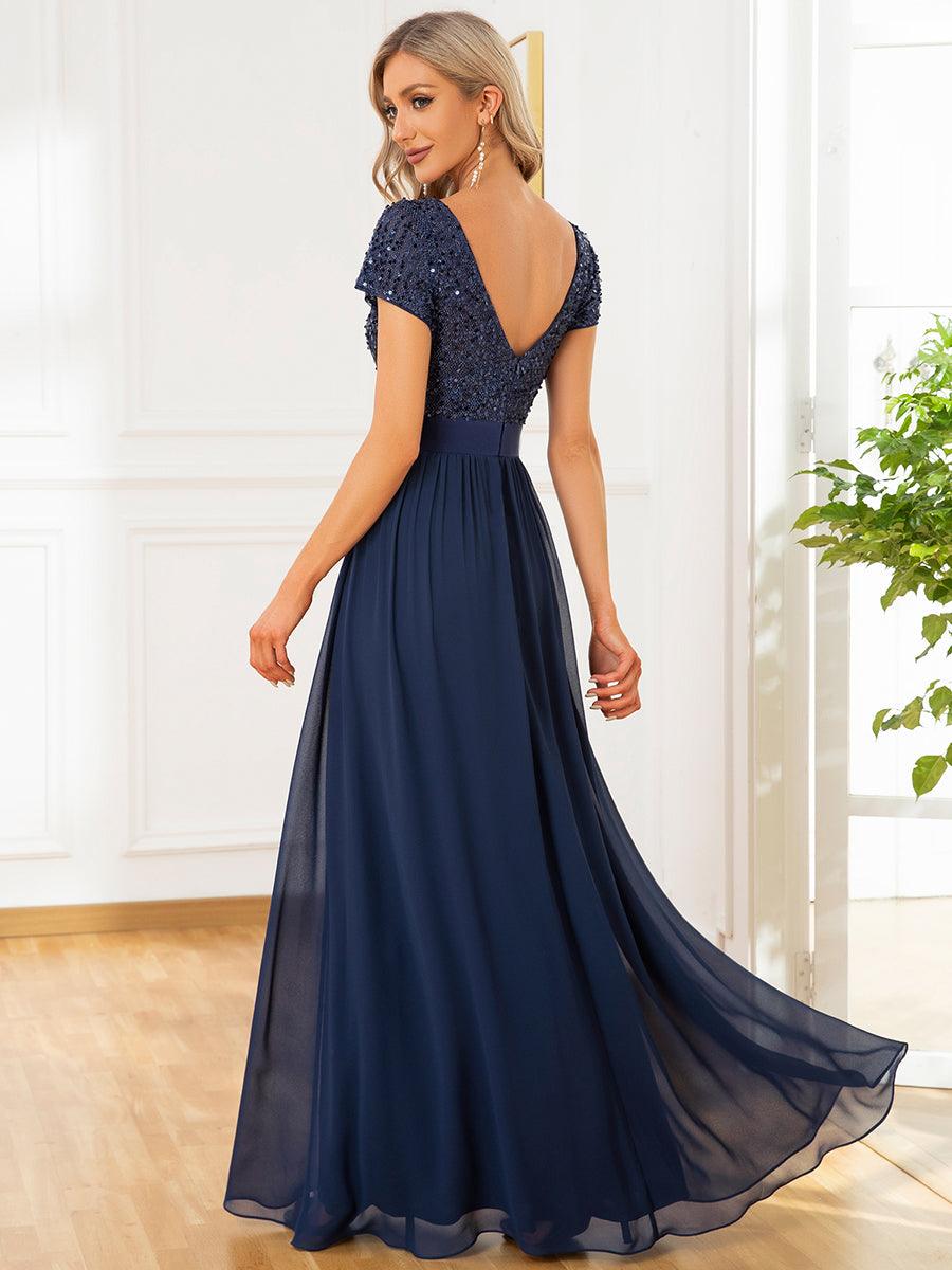Robe de soirée taille empire à sequins et mousseline à encolure en V #Couleur_Bleu Marine