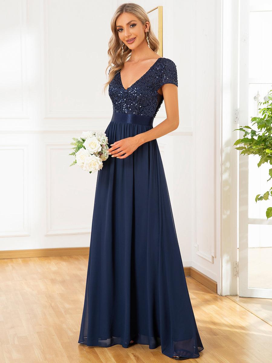 Robe de soirée taille empire à sequins et mousseline à encolure en V #Couleur_Bleu Marine