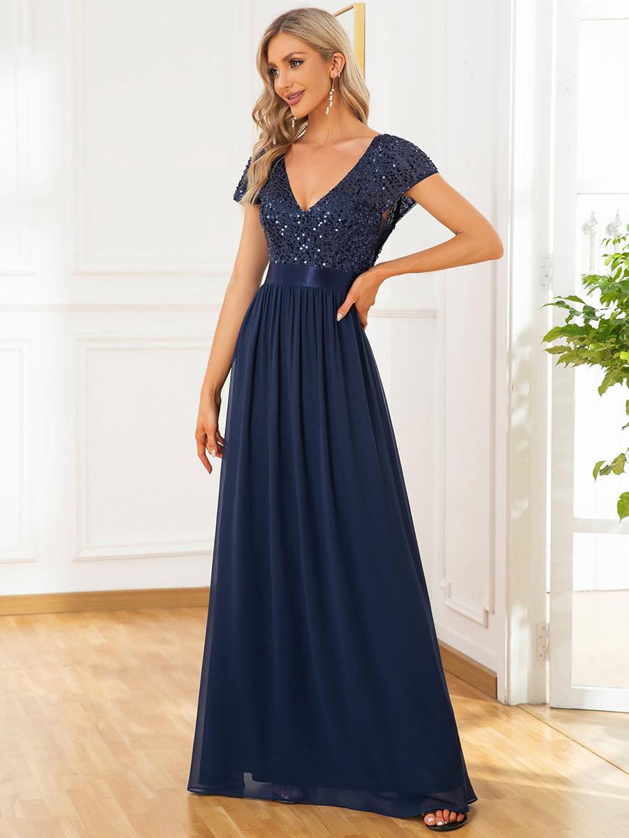 Robe de soirée taille empire à sequins et mousseline à encolure en V #Couleur_Bleu Marine