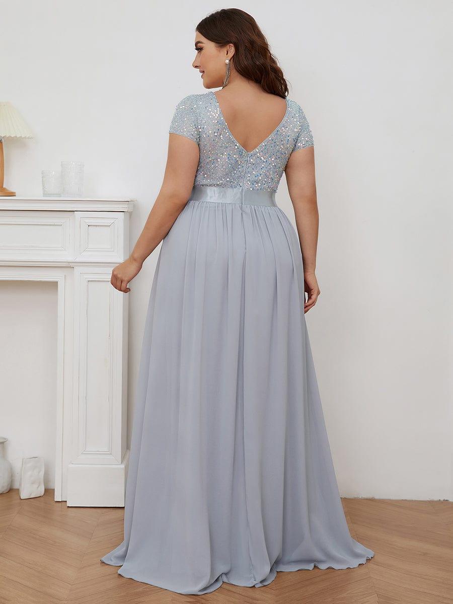 Robe de soirée taille empire à sequins et mousseline à encolure en V #Couleur_Argent