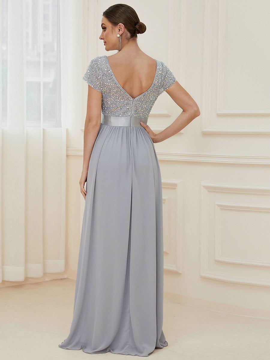 Robe de soirée taille empire à sequins et mousseline à encolure en V #Couleur_Argent