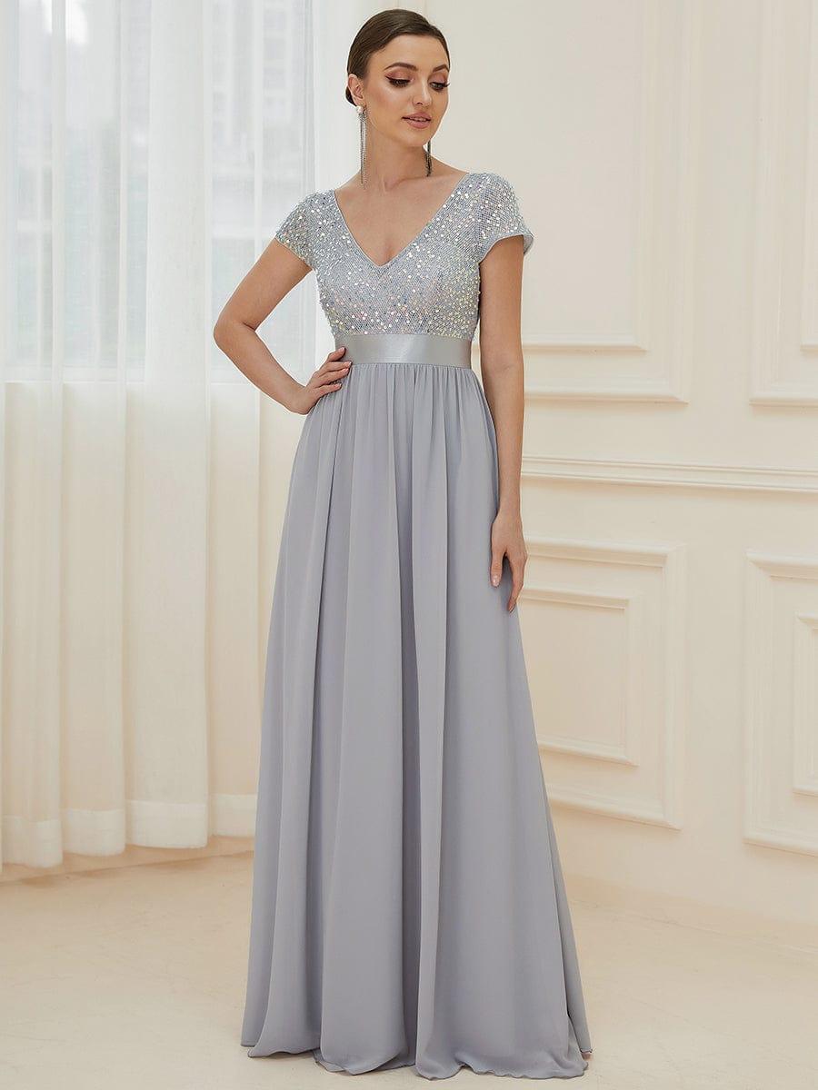 Robe de soirée taille empire à sequins et mousseline à encolure en V #Couleur_Argent