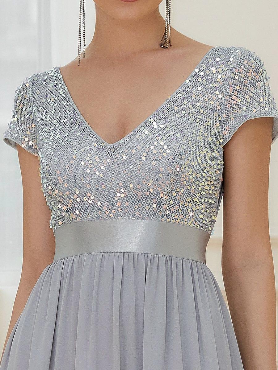 Robe de soirée taille empire à sequins et mousseline à encolure en V #Couleur_Argent