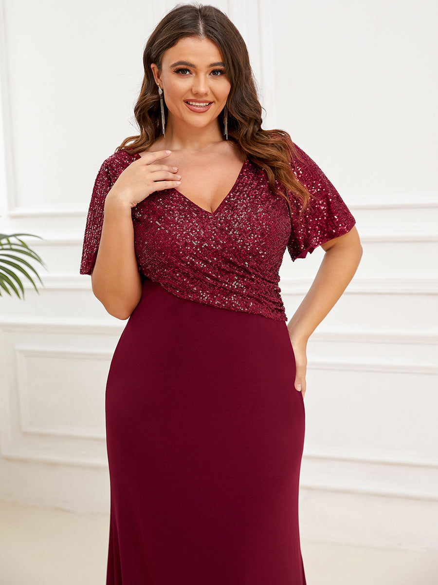 Robe de Soirée Tunique à Manches Courtes à Paillettes #Couleur_Bordeaux Robe de Soirée Tunique à Manches Courtes à Paillettes
