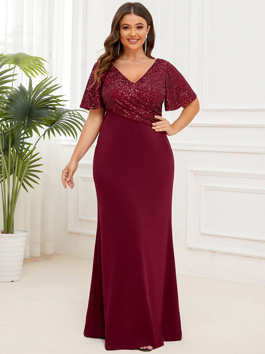 Robe de Soirée Tunique à Manches Courtes à Paillettes #Couleur_Bordeaux Robe de Soirée Tunique à Manches Courtes à Paillettes