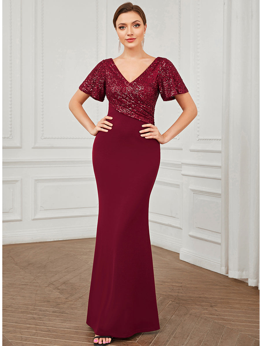 Robe de Soirée Tunique à Manches Courtes à Paillettes #Couleur_Bordeaux Robe de Soirée Tunique à Manches Courtes à Paillettes