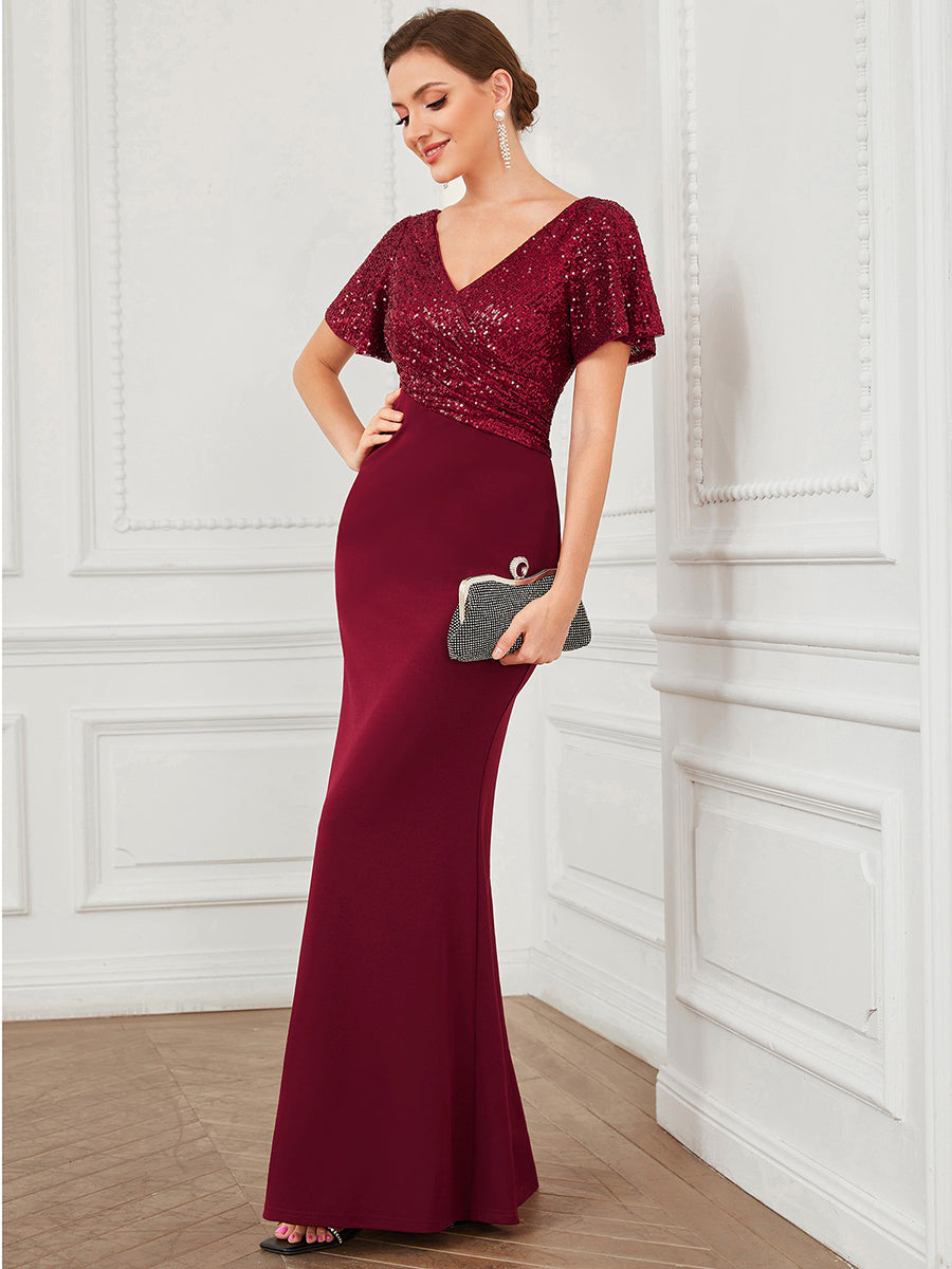Robe de Soirée Tunique à Manches Courtes à Paillettes #Couleur_Bordeaux Robe de Soirée Tunique à Manches Courtes à Paillettes