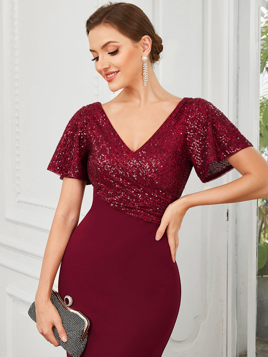 Robe de Soirée Tunique à Manches Courtes à Paillettes #Couleur_Bordeaux Robe de Soirée Tunique à Manches Courtes à Paillettes