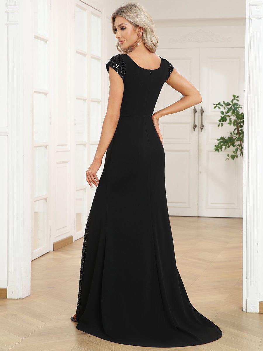 Robe de soirée trapèze à manches courtes et col en V à sequins #Couleur_Noir