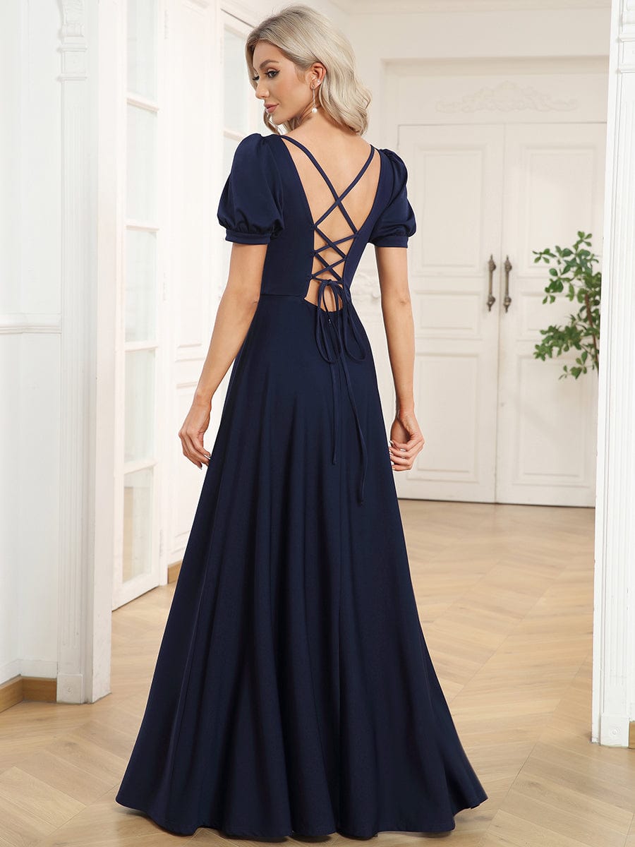 Robe de soirée trapèze à manches courtes et encolure carrée #Couleur_Noir Robe de soirée trapèze à manches courtes et encolure carrée