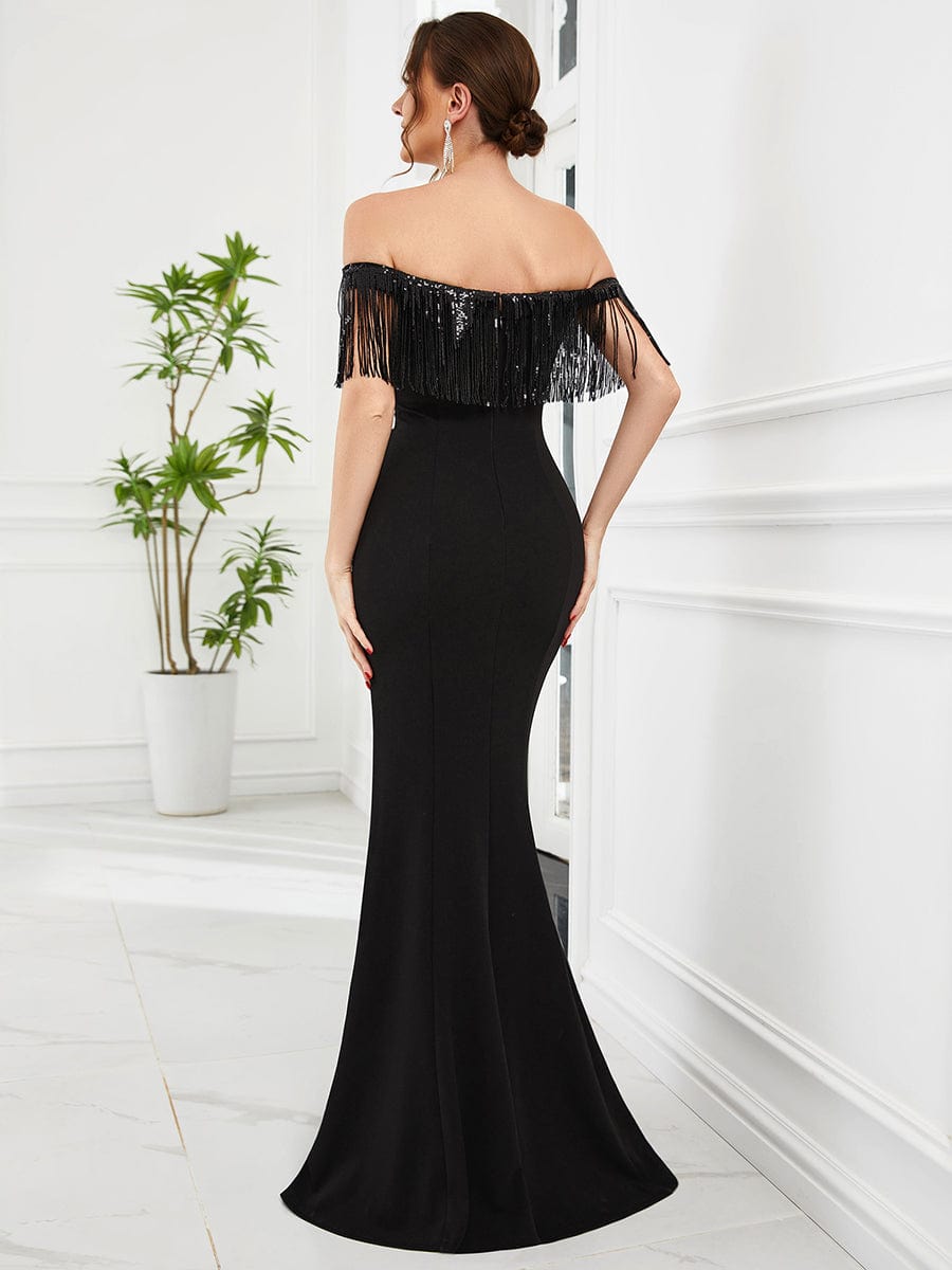 Robe de soirée sirène fourreau à franges perlées #Couleur_Noir Robe de soirée sirène fourreau à franges perlées