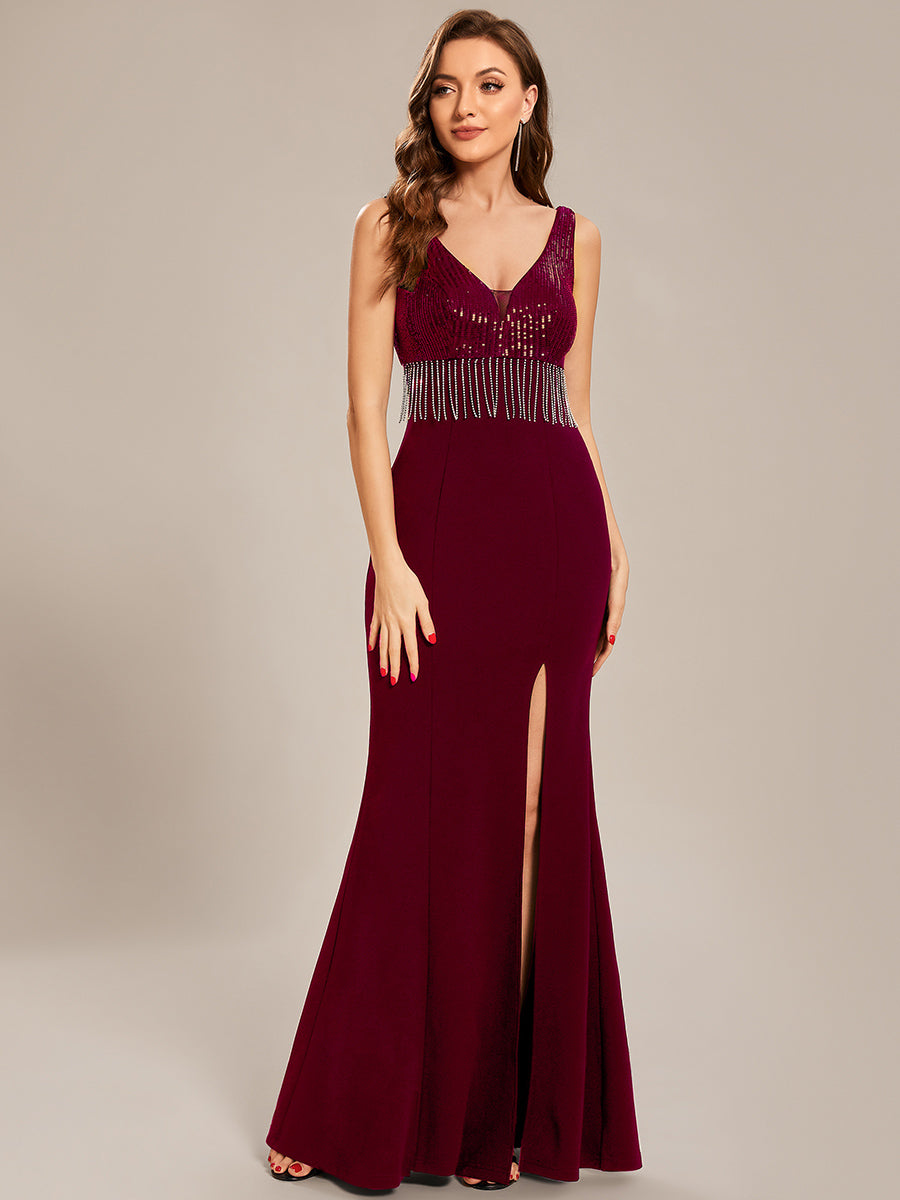 Taille personnalisée Robes de soirée Sequin Tassel à fente haute #Couleur_Noir Taille personnalisée Robes de soirée Sequin Tassel à fente haute