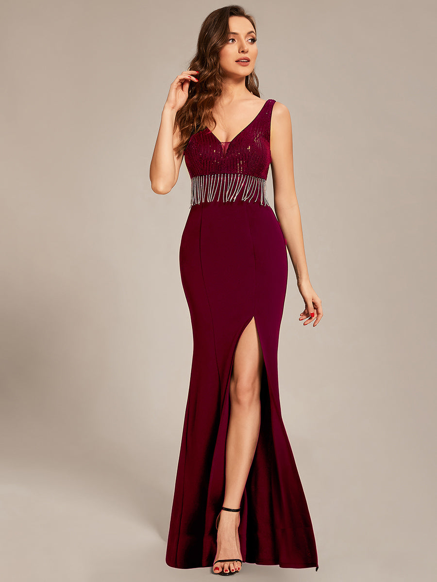 Taille personnalisée Robes de soirée Sequin Tassel à fente haute #Couleur_Noir Taille personnalisée Robes de soirée Sequin Tassel à fente haute
