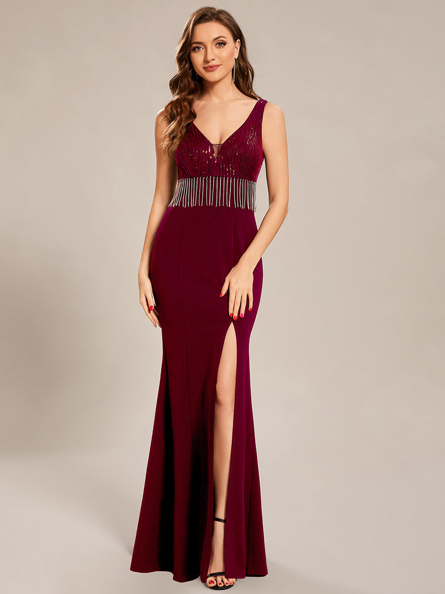 Taille personnalisée Robes de soirée Sequin Tassel à fente haute #Couleur_Noir Taille personnalisée Robes de soirée Sequin Tassel à fente haute