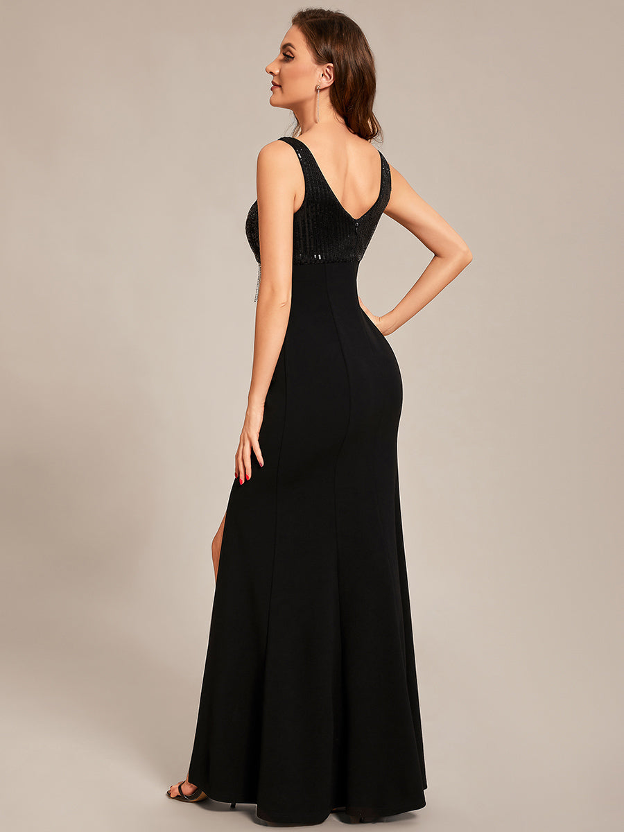 Taille personnalisée Robes de soirée Sequin Tassel à fente haute #Couleur_Noir Taille personnalisée Robes de soirée Sequin Tassel à fente haute
