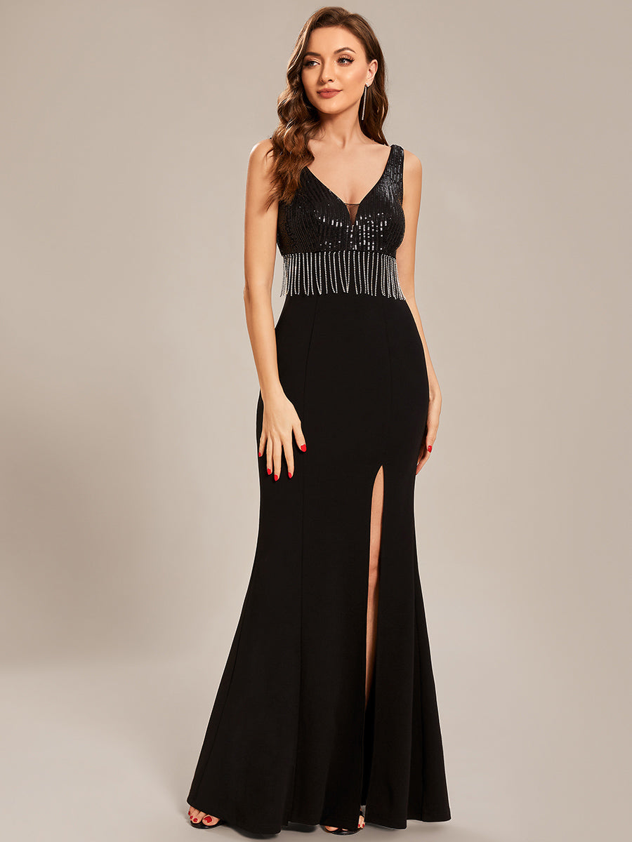 Taille personnalisée Robes de soirée Sequin Tassel à fente haute #Couleur_Noir Taille personnalisée Robes de soirée Sequin Tassel à fente haute