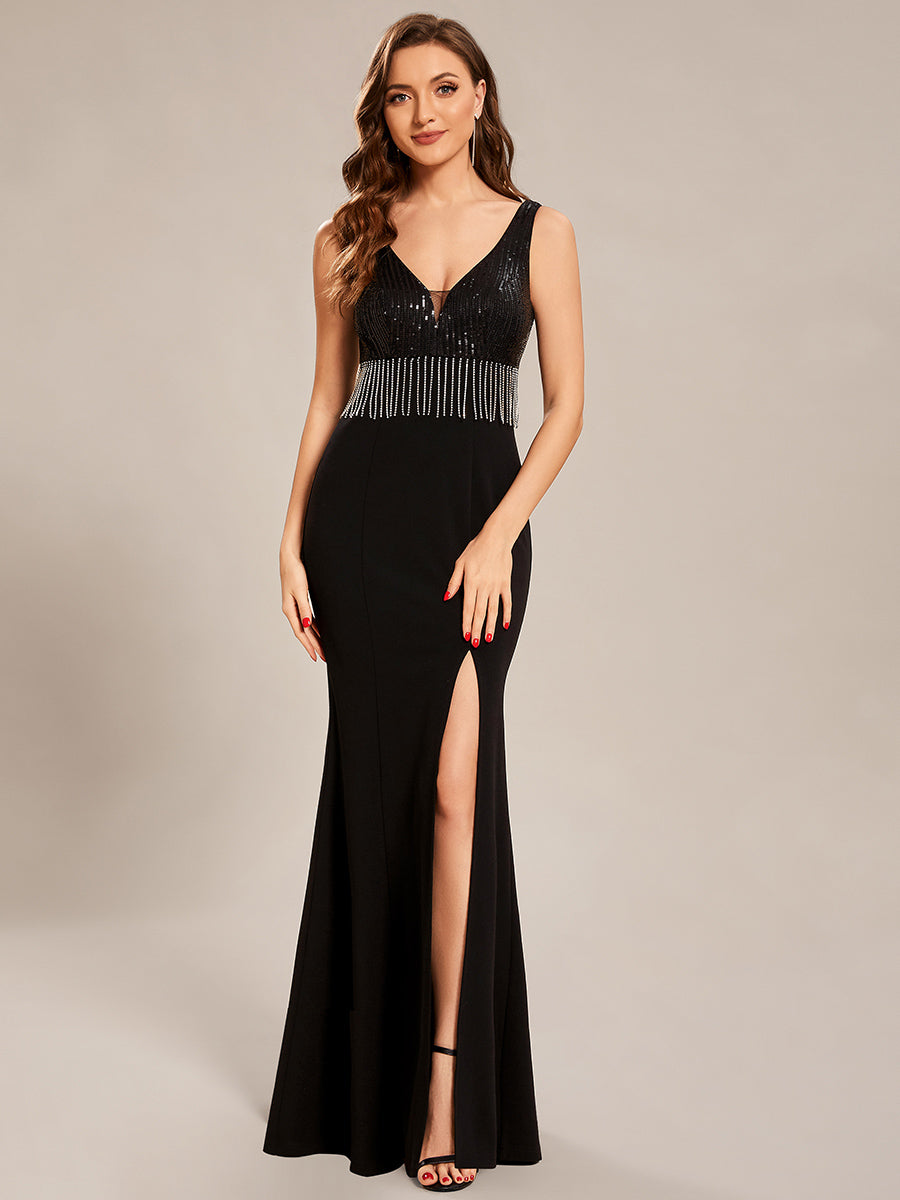 Taille personnalisée Robes de soirée Sequin Tassel à fente haute #Couleur_Noir Taille personnalisée Robes de soirée Sequin Tassel à fente haute