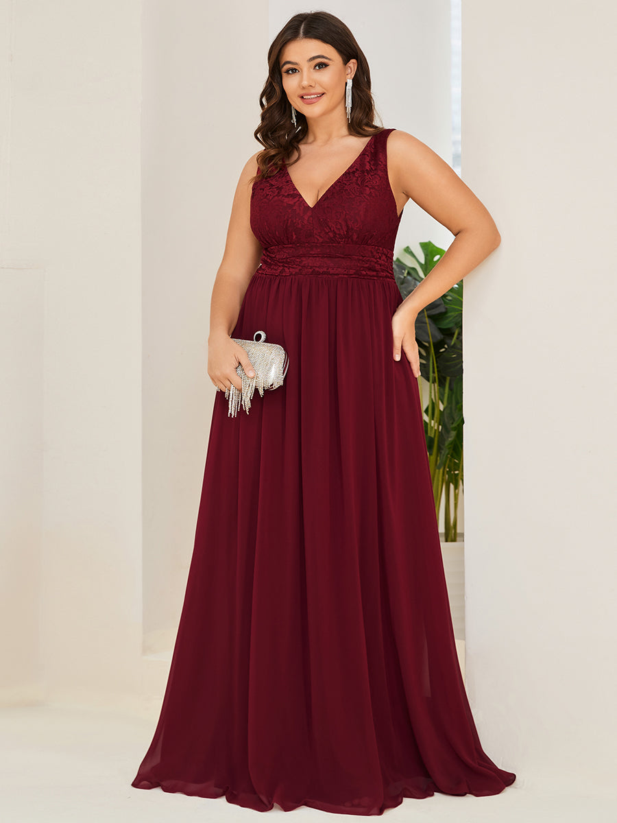 Robe de soirée sans manches Encolure en V fente haute Grande taille #Couleur_Bordeaux Robe de soirée sans manches Encolure en V Grande taille