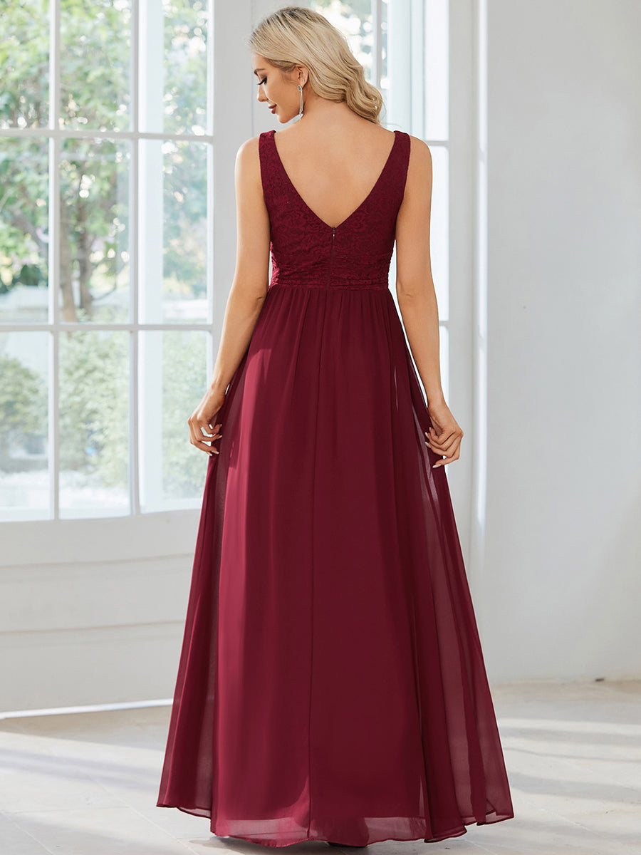Robe de soirée sans manches à encolure en V taille plus fente haute et #Couleur_Bordeaux Robe de soirée sans manches à encolure en V taille plus longue au sol