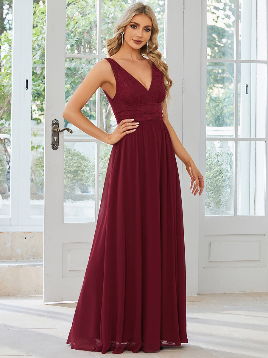 Robe de soirée sans manches à encolure en V taille plus fente haute et #Couleur_Bordeaux Robe de soirée sans manches à encolure en V taille plus longue au sol
