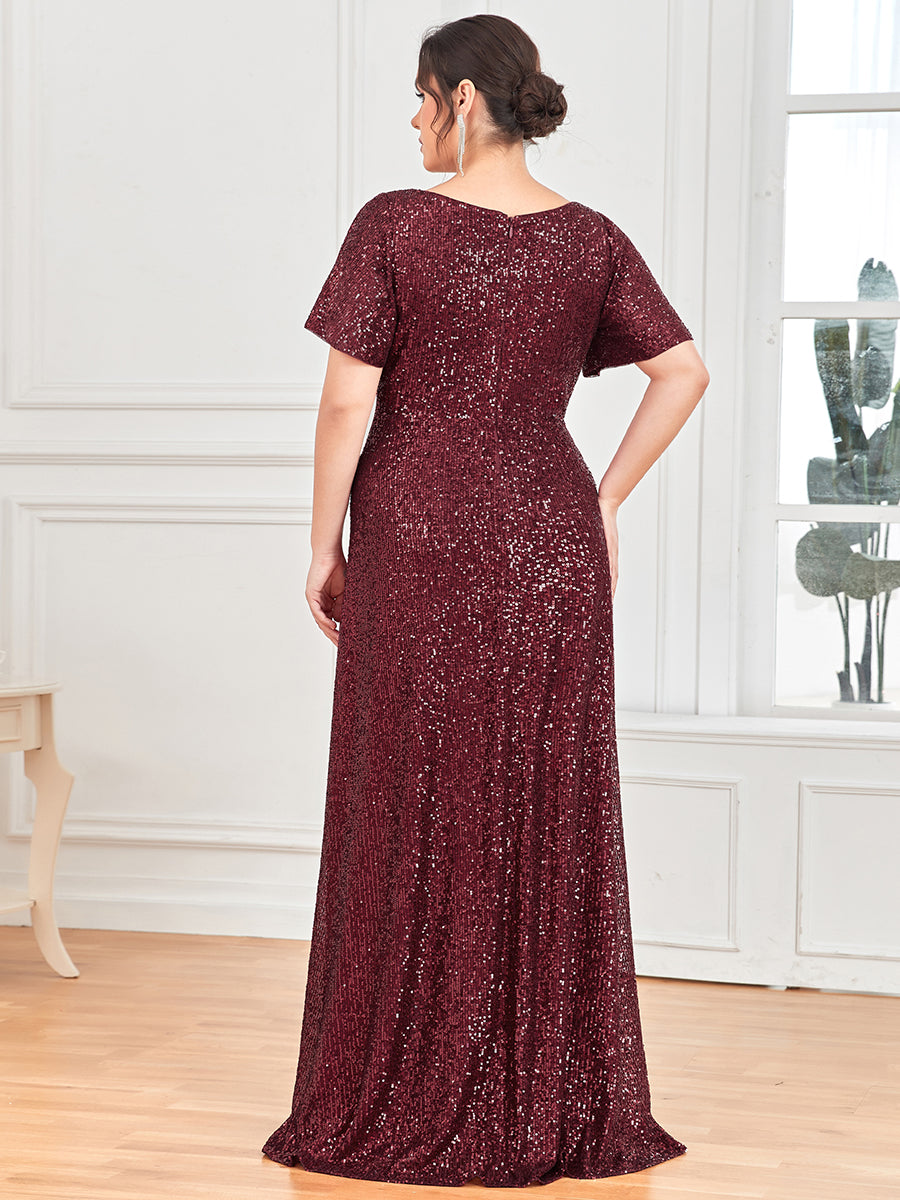 Robe de Soirée Manches Courtes Col en V Paillettes Grande Taille #Couleur_Bordeaux Robe de Soirée Manches Courtes Col en V Paillettes Grande Taille