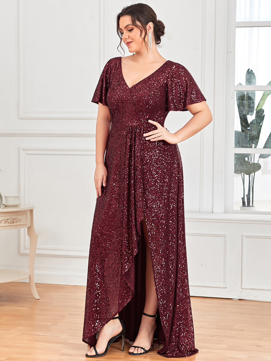 Robe de Soirée Manches Courtes Col en V Paillettes Grande Taille #Couleur_Bordeaux Robe de Soirée Manches Courtes Col en V Paillettes Grande Taille